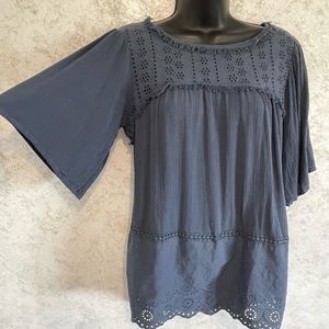 Artesia Womens Blue Eyelet Lace Fringe Rayon Crinkle Blouse Boho Size Small